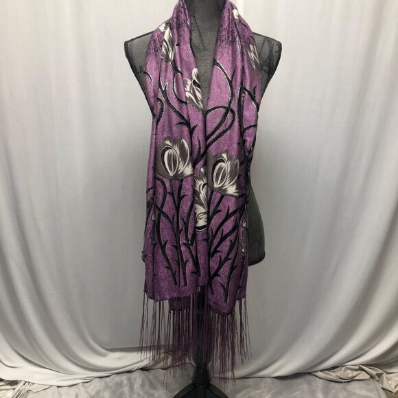 Purple Floral Fringe Poncho Shawl Wrap Scarf Silver Black Detailing - Picture 2 of 9